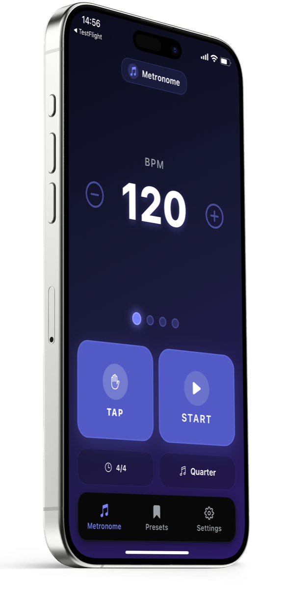 Metronome Pro - Tempo BPM iOS app running on iPhone 15 Pro Max showing main metronome interface